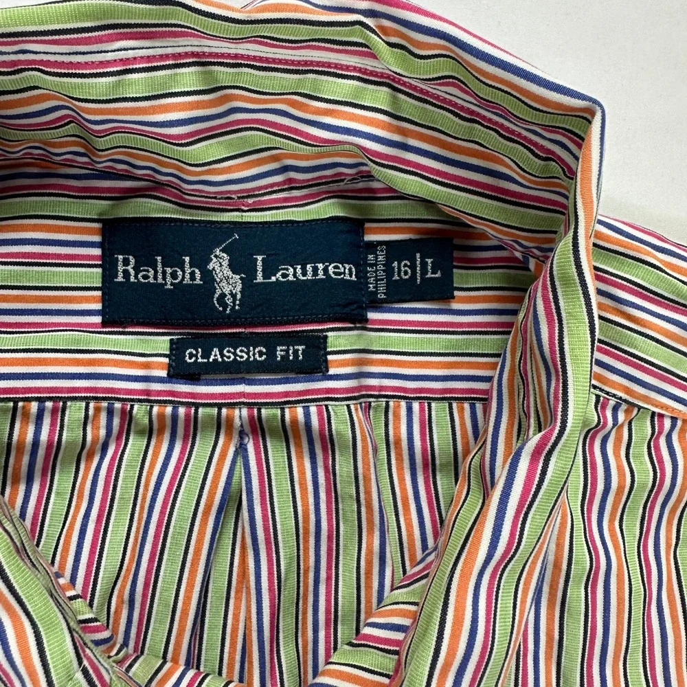 Ralph Lauren Classic Fit Button-Up Shirt Multicolor‎ Stripe 100% Cotton L